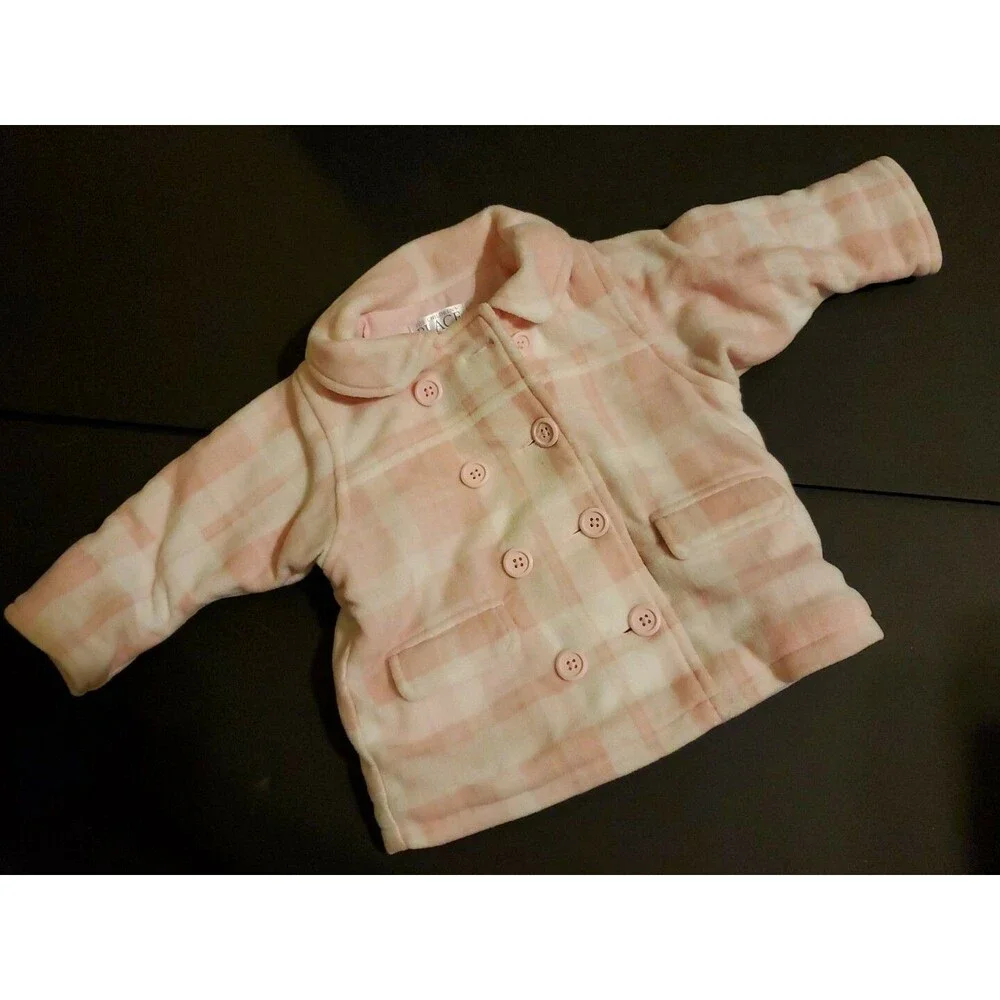 Girl's The Children's Place 6-9 months pink white plaid button coat